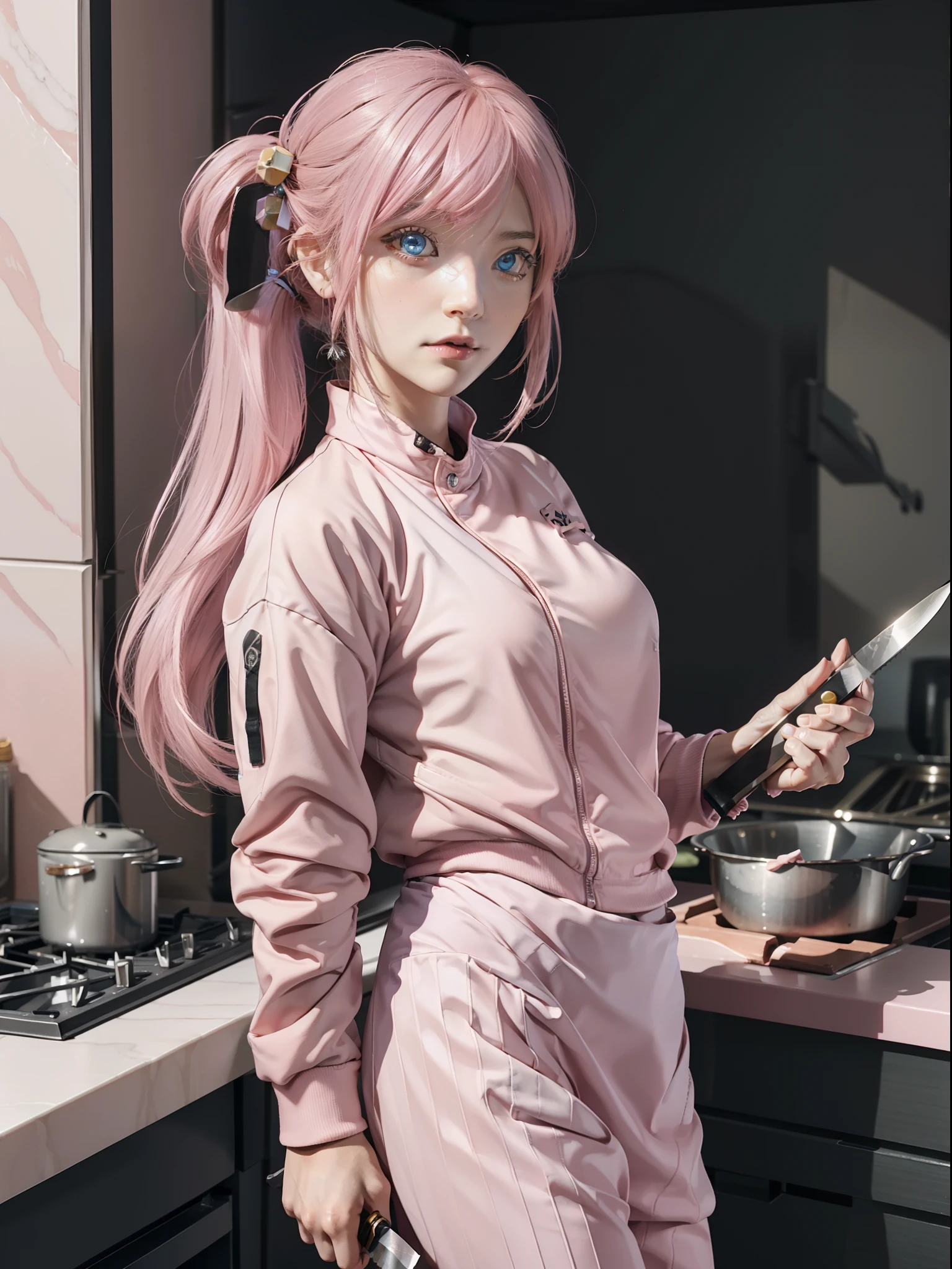 Hitorigotō, Gotoh Hitori, takeout、(((((Gripping a kitchen knife)))))、Blue eyes, ((holding knive))、Knives、blade、cube hair ornament, hair between eye, Hair Ornament, Pink hair, One side up, Long hair, Blake Black Skirt, Jacket, Long sleeves, Pants, Pants under the skirt, (Pink jacket:1.5), Pink pants, Pleated skirt, Skirt, Track jacket, track pants, Joggers, BREAK looking at viewer, Break indoors, crass room, BREAK (masutepiece:1.2), Best Quality, High resolution, Unity 8k壁纸, (Illustration:0.8), (Beautiful detailed eyes:1.6), extra detailed face, Perfect Lighting, extremely details CG, (Perfect hands, Perfect Anatomy),