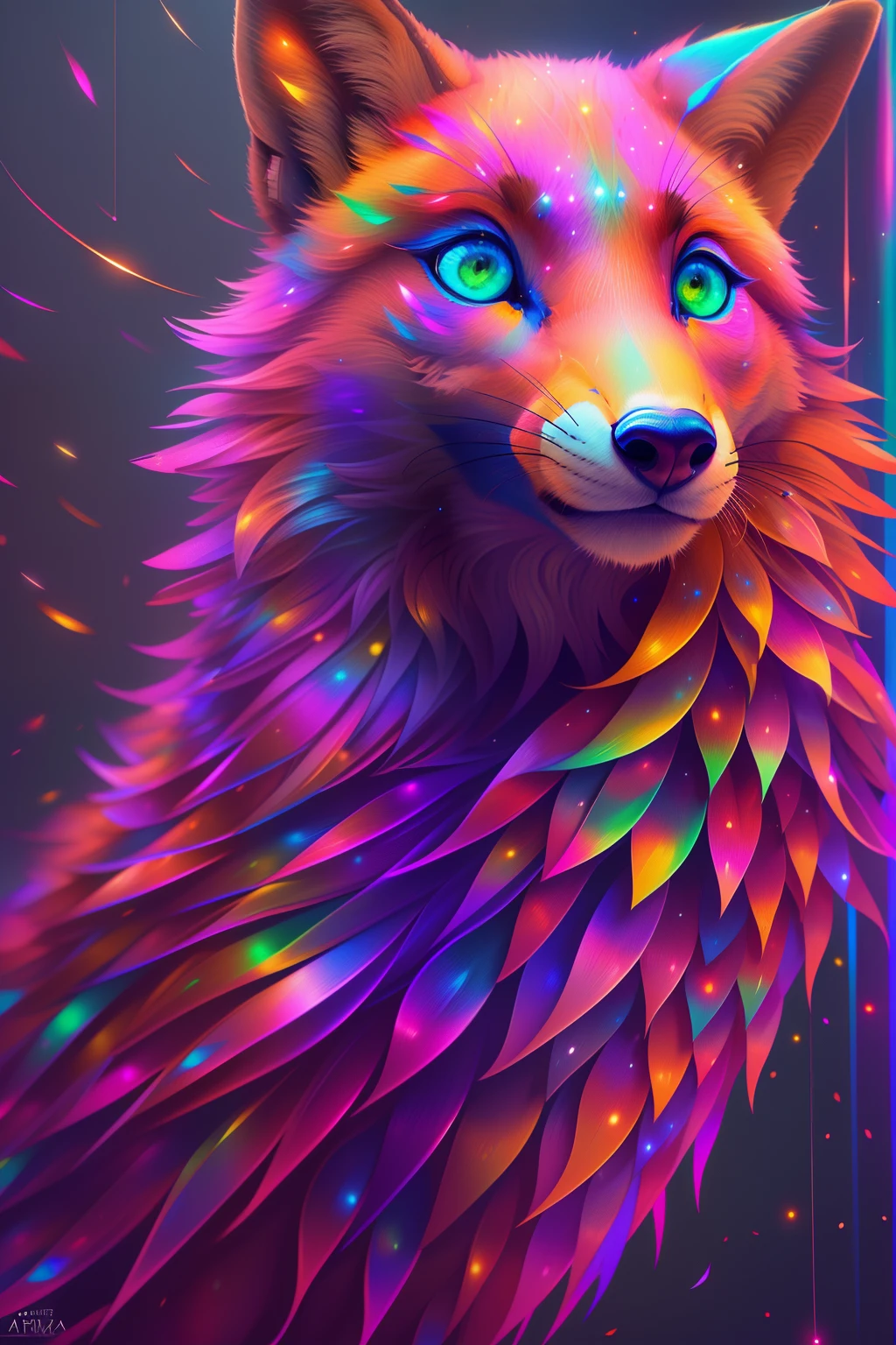 Raposa de cores vivas iriscente com olhos brilhantes e cauda brilhante, ethereal fox, raposa digital iriscente, arte de fantasia digital colorida, arte digital luminescente, Arte digital altamente detalhada em 4k, 8k arte impressionante, Arte bonita UHD 4K, Arte digital detalhada em 4k,