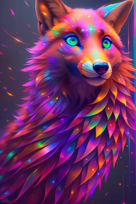 raposa de cores vivas iriscente com olhos brilhantes e cauda brilhante, ethereal fox, raposa digital iriscente, arte de fantasia...