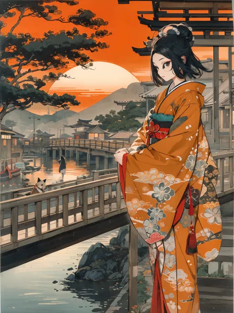 Top image quality、girl with、Black hair long straight、Kimono Dresses、Bright red sunset、on a bridge、ukiyoe painting、夏天