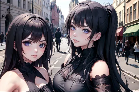 (obra maestra) (la mejor calidad) a selfie of several gothic-looking kawaii women on a london street. are young, alegre y me enc...