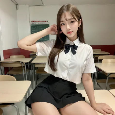 8K, Raw photo, low  angle shot, ((Very cute schoolgirl in short skirt and bow tie sitting on school bench)), (Indonesia Women's Uniform), (Wearing an Indonesian uniform), (Indonesian Uniforms), (a hyperrealistic schoolgirl), (dressed as schoolgirl, a hyper...