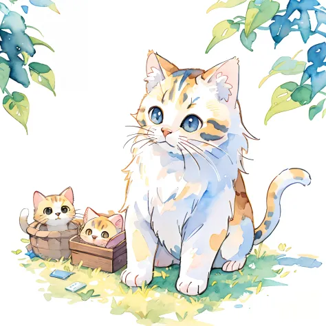 Cats:1.5、Tiere、1animal、cute little、White hairs、fluffly、simple background、white backgrounid、Picture-book style、watercolor paiting