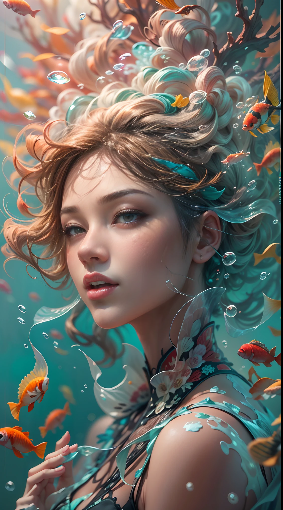 modelshoot style, (extremely detailed CG unit 8k wallpaper), A chaotic storm of intricate liquid smoke in the head, Stylized abstract portrait of pretty, skin wet,Koi，Koi bonito，Bandos de koi,carp，Strangely shaped corals，Ocean floor，Beautiful coral reef in the background，rockery,Marine life，colorful coral reef,Decorate with coral reefs,author：Petros Afshar, ross tran, Tom Baleia, peter mohrbacher, art germ, vidro quebrado, ((bubbly underwater scenery)) The octane rendering of radiant light is highly detailed, inspired by Yanjun Cheng, beautiful digital art, Guviz-style artwork, Highly detailed 8K digital art, Beautiful digital illustration, detailed digital art cute, stunning digital illustration, a beautiful artwork illustration, exquisite digital illustration,Detailed 8K digital art,