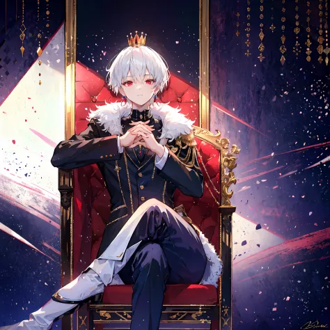 1boy, sitting on throne, luxurious chair, crown, pants white, red eyes, looking at viewer, own hands together, throne, earrings,...