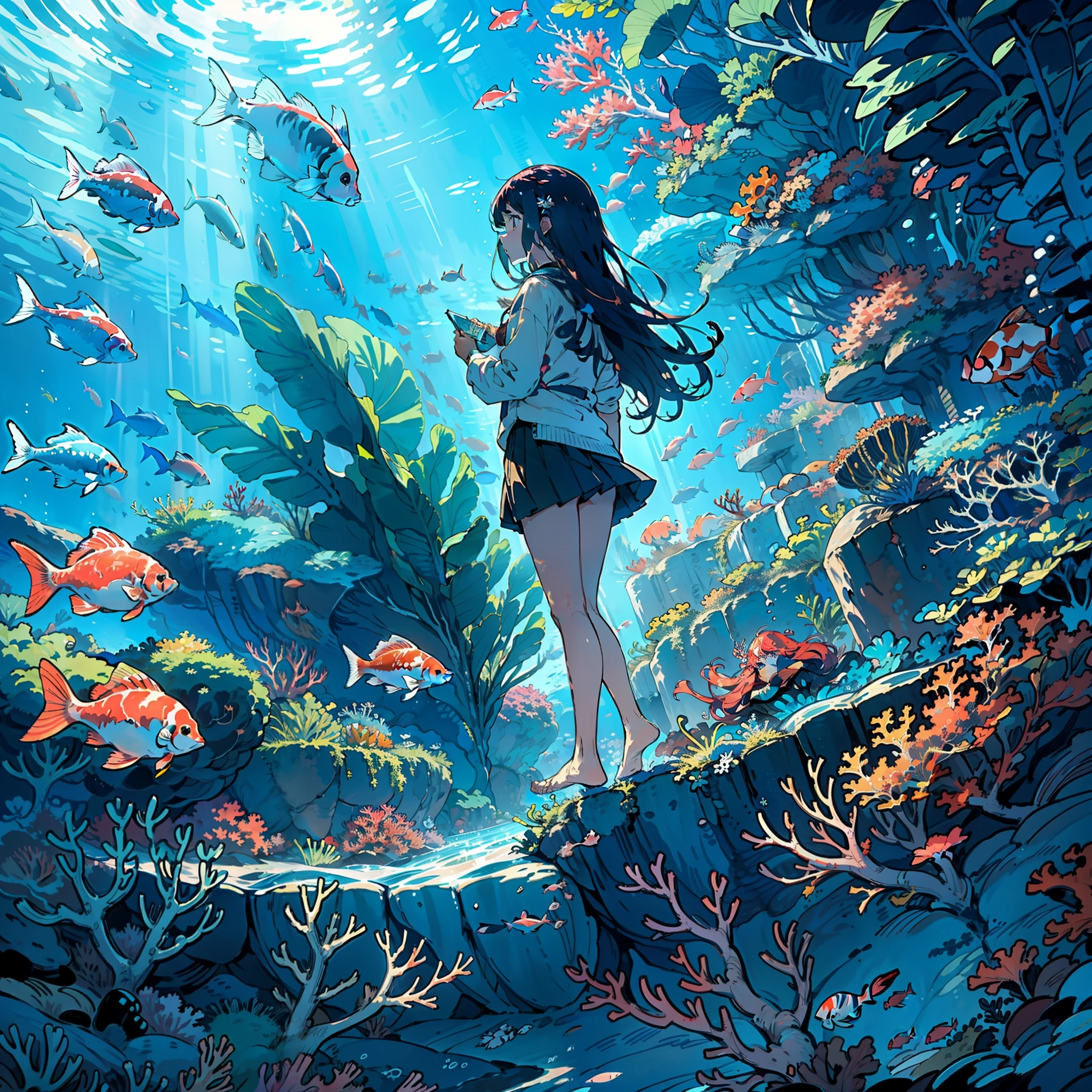 A teenage girl swims at the bottom of the sea，Hair flows in water，ocean floor，dishiveredhair，Marine life，Beautiful coral reef，Koi