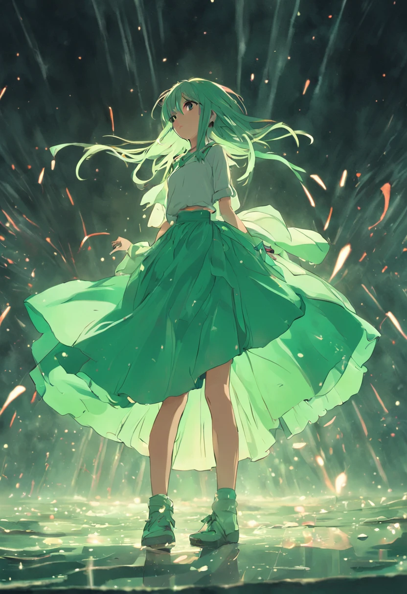 Anime girl in green dress standing on a platform with fireworks in the  background - SeaArt AI