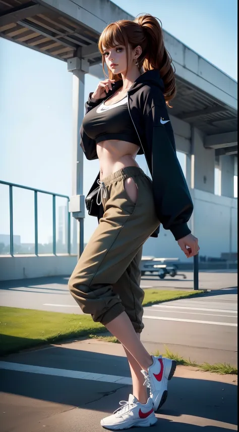 pudding from anime one piece, brown hair, hair tie, bangs, perfect body, perfect boobs, beautiful woman, very beautiful, wearing black nike hoodie, black jogger pants, wearing watch, wearing earrings, wearing white nike shoes, being in football field, Real...