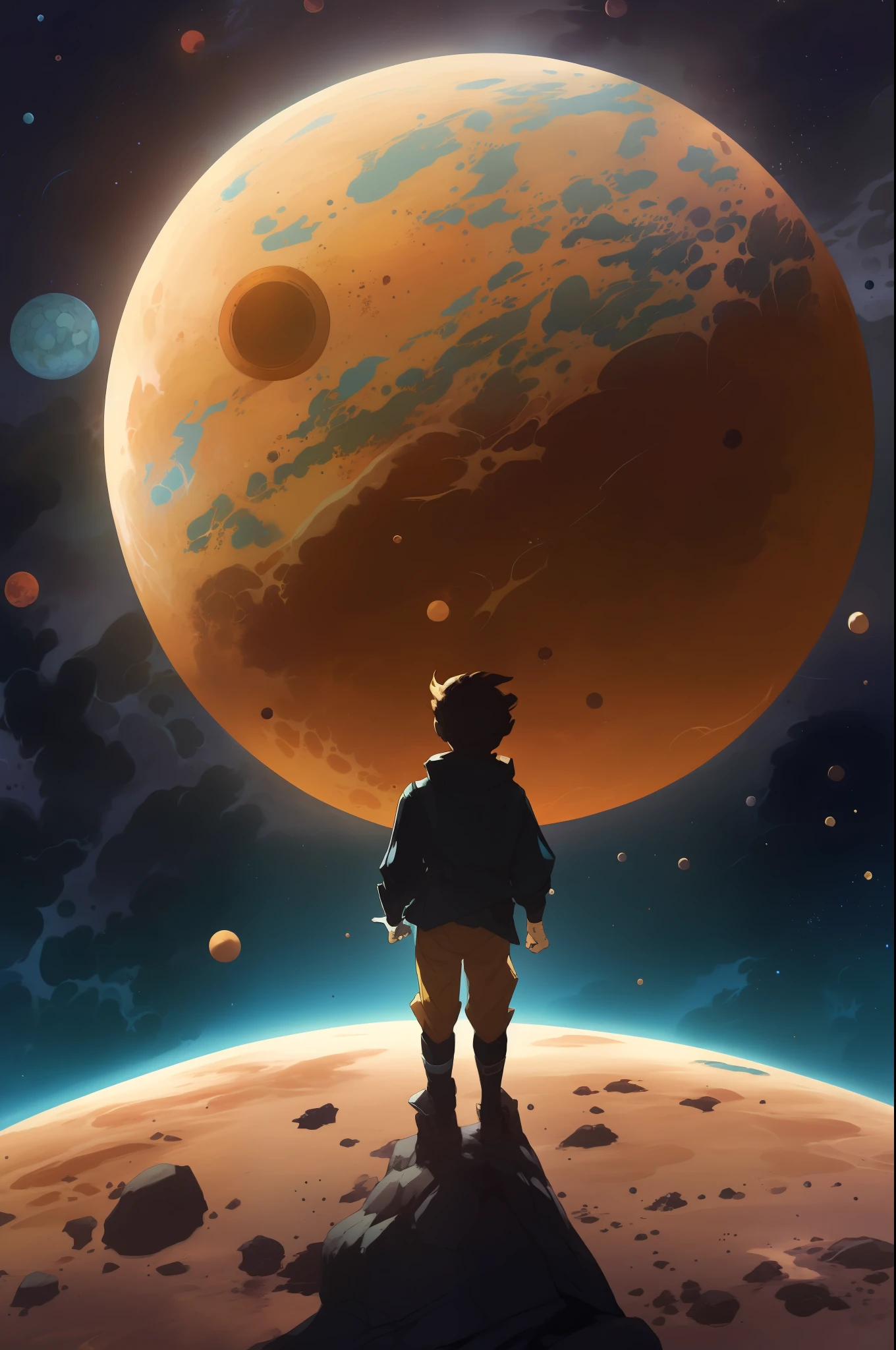 illustration of a boy standing on a planet looking at the planets, cyril rolando and goro fujita, inspired by Cyril Rolando, cyril rolando and m. w kaluta, cyril rolando and m.w kaluta, standing in the solar system, beeple and jeremiah ketner, standing in outer space, looking out into the cosmos