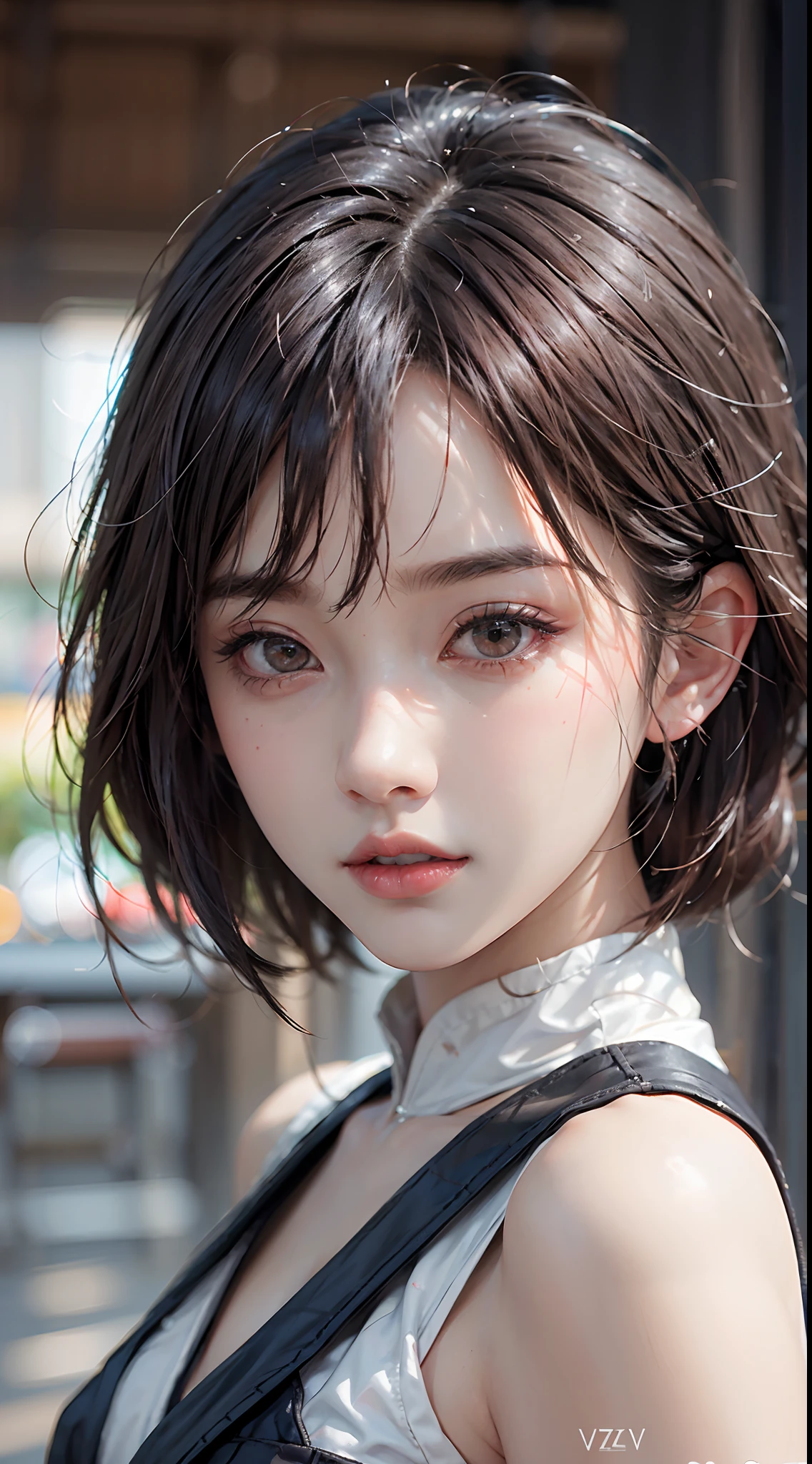 ulzzang-6500-v1.1, (raw photo:1.2), (photorealistic:1.4), beautiful detailed girl, very detailed eyes and face,Hinata from Naruto, cool pose, battlefield background, perfect body, white eyes, white bobcut hair