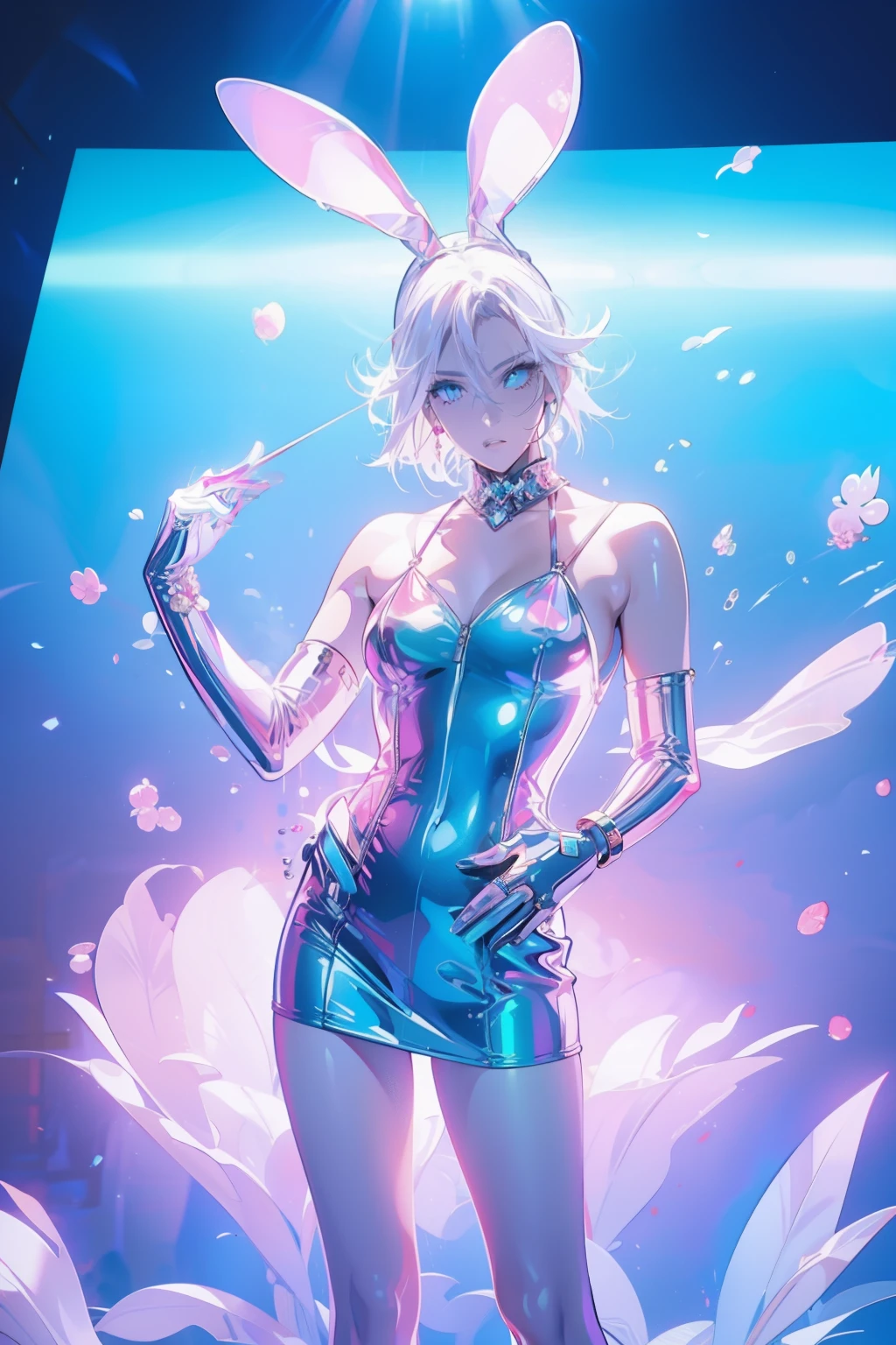 (((edgBunny)))，A woman of outstanding figure，Wear a nice miniskirt，Leaking out of both shoulders，jewely，。.3D,Amazing work，Vitreous luster,(((clean backdrop)))，High gloss，blue colors，In pink，cyan colors，red colour