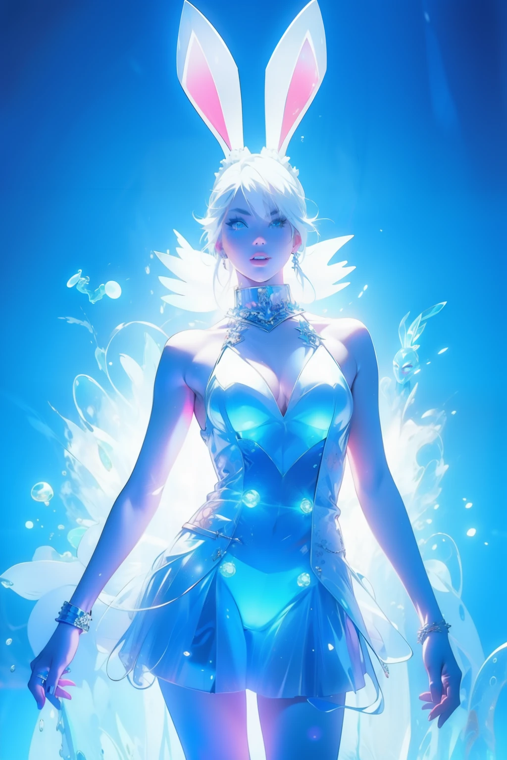 (((edgBunny)))，A woman of outstanding figure，Wear a nice miniskirt，Leaking out of both shoulders，jewely，。.3D,Amazing work，Vitreous luster,(((clean backdrop)))，High gloss，blue colors，In pink，cyan colors，red colour