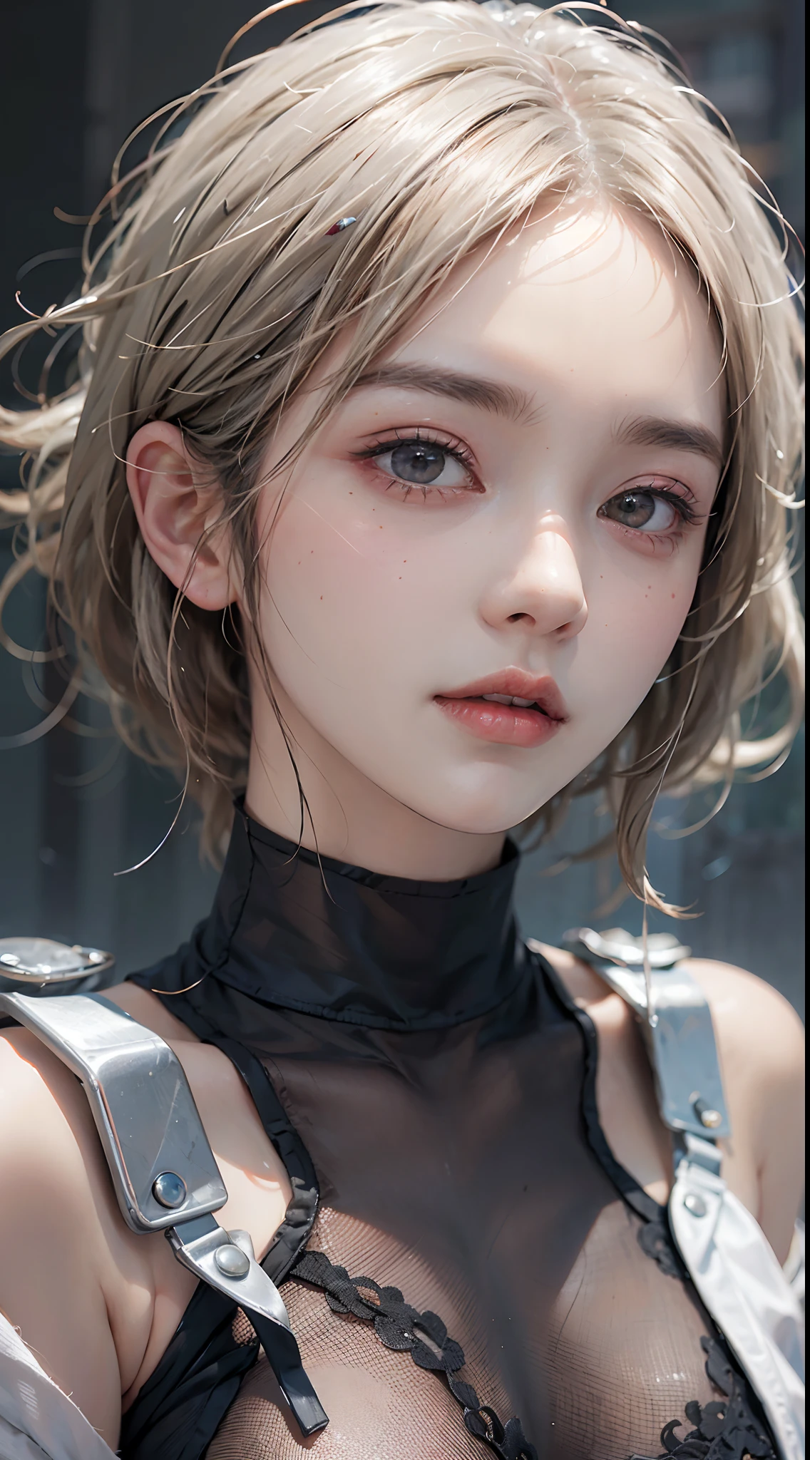 ulzzang-6500-v1.1, (raw photo:1.2), (photorealistic:1.4), beautiful detailed girl, very detailed eyes and face,Hinata from Naruto, cool pose, battlefield background, perfect body, white eyes, white bobcut hair