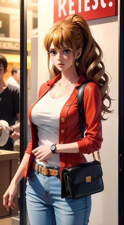 pudding from anime one piece, brown hair, hair tie, bangs, perfect body, perfect breasts, beautiful woman, very beautiful, wearing a white shirt, wearing a red cardigan, red pants, wearing a handbag, wearing a watch, wearing earrings, being in mall, Realis...