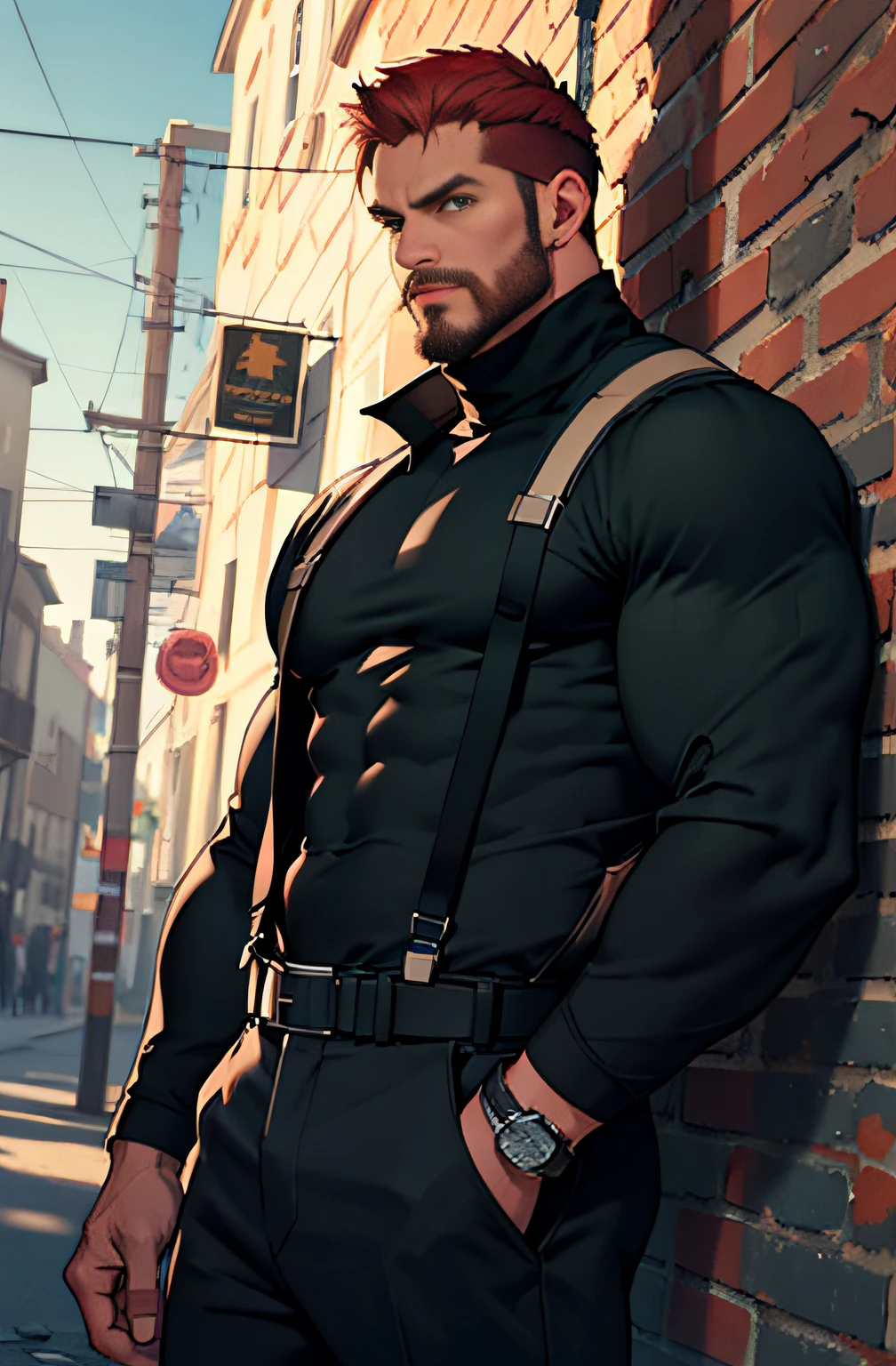 old countryside village in the background, old mature muscular male, redhead, red hair, red beard, thick beard, full beard, green eyes, 48 year old, muscular male, tall and hunk, biceps, abs, chest, all black cold turtleneck, long sleeves, black trousers, suspenders, earpiece, belt, thick beard, cracking the hand's knuckles, cold face, video games style, high resolution:1.2, best quality, masterpiece, dark nightime, dark atmosphere, shadow, upper body shot