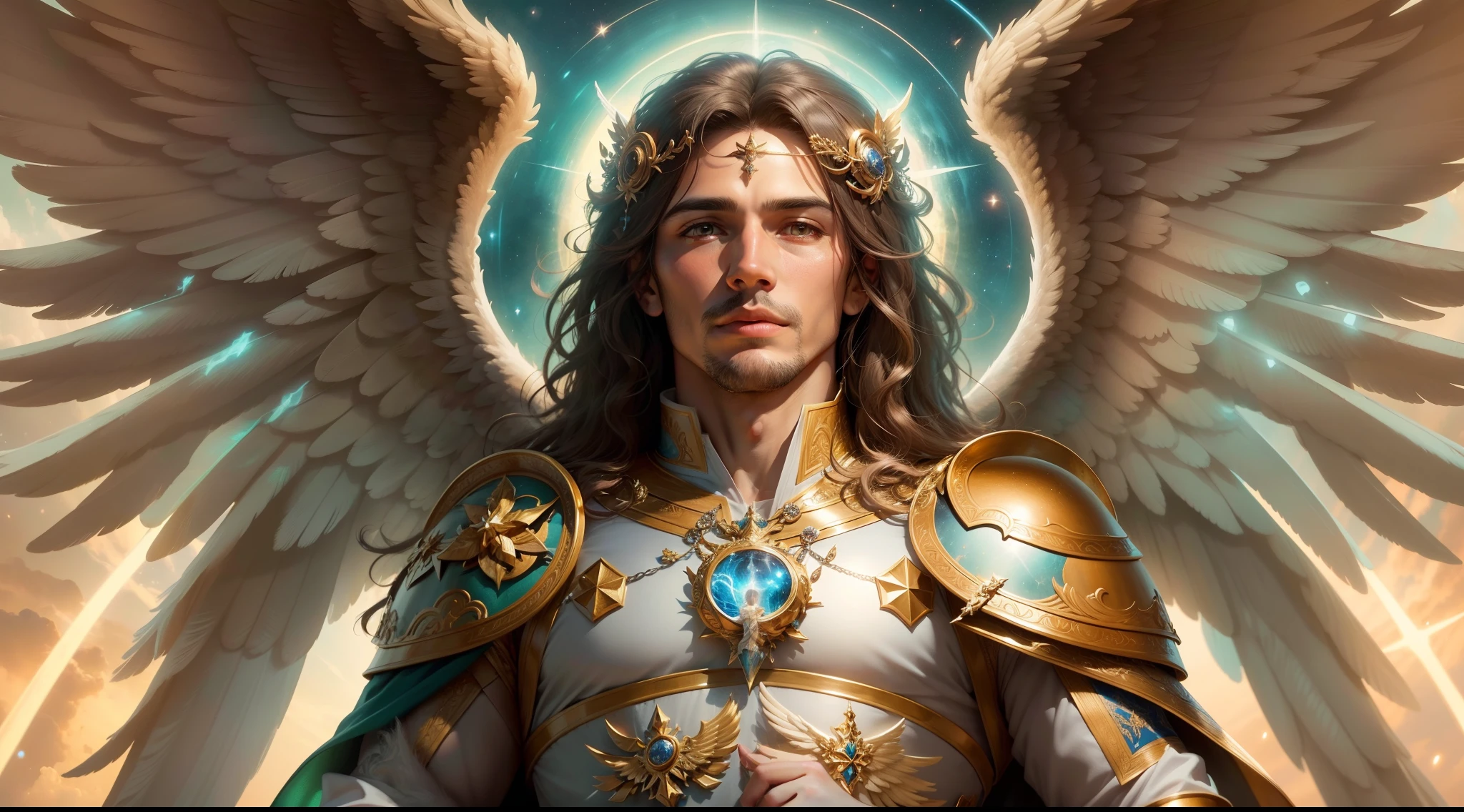 um personagem masculino, o arcanjo Miguel, imagem celestial, detalhes ...