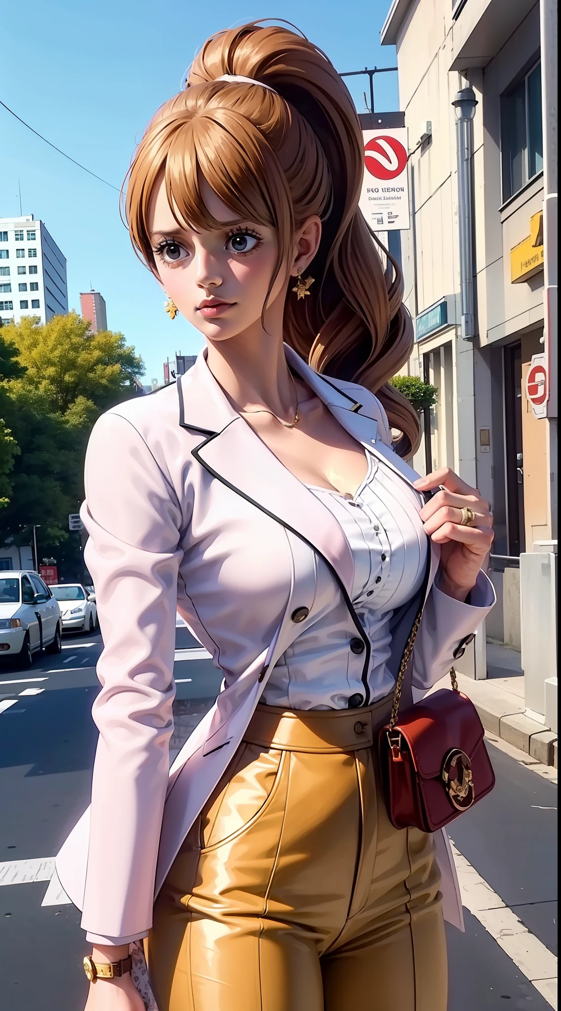 pudding from anime one piece, brown hair, hair tie, bangs, ponytail, perfect body, perfect breasts, beautiful woman, very beautiful, wearing a red formal shirt, neat dress, formal attire, wearing a white blazer, white pants, wears handbag, wearing watch, wearing earrings, being in the city, roadside, public place, Realism, masterpiece, textured leather, super detailed, high detailed, high quality, best quality, 1080P, HD, 16k