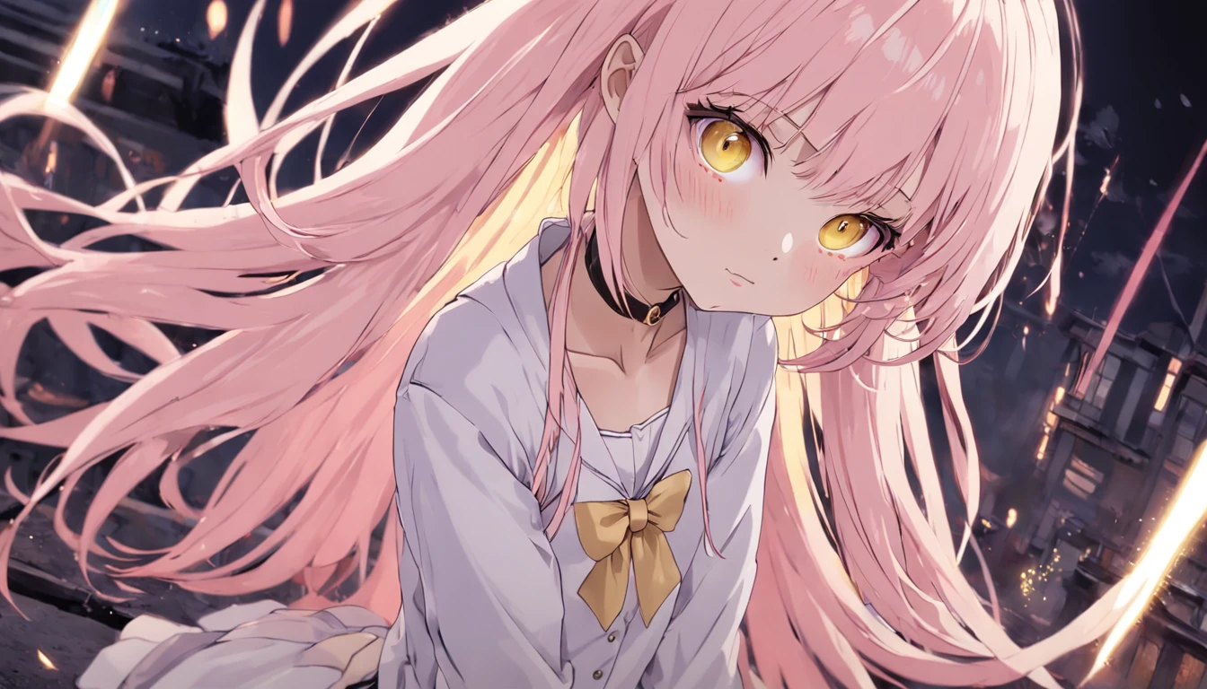 Gentle and beautiful maiden, Tall girl, Long soft pink hair，By bangs, Large pale yellow eyes, Lovely look, blushing slightly, Wear a plain white shirt, Wear it with a light yellow cardigan, and light pink, Skirt Wear white knee-length stockings, and black school shoes, The skin is really shallow, Long eyelashes, Several basic white hairpins are worn on his hair, Wear a gold bracelet, Thermoformed body