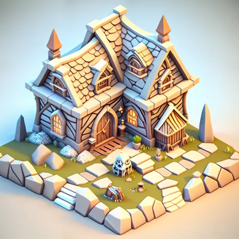 Isometric house, RPG style, Cartoony, DnD, fantasy, mobile game，Primitives，Animal skeletons，stone，wood