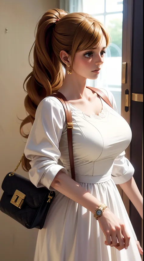 pudding from anime one piece, brown hair, hair tie, bangs, hair in a ponytail, perfect body, perfect breasts, beautiful woman, very beautiful, wearing a white dress, luxurious dress, expensive dress, very beautiful dress, wearing a handbag, wearing a watch...