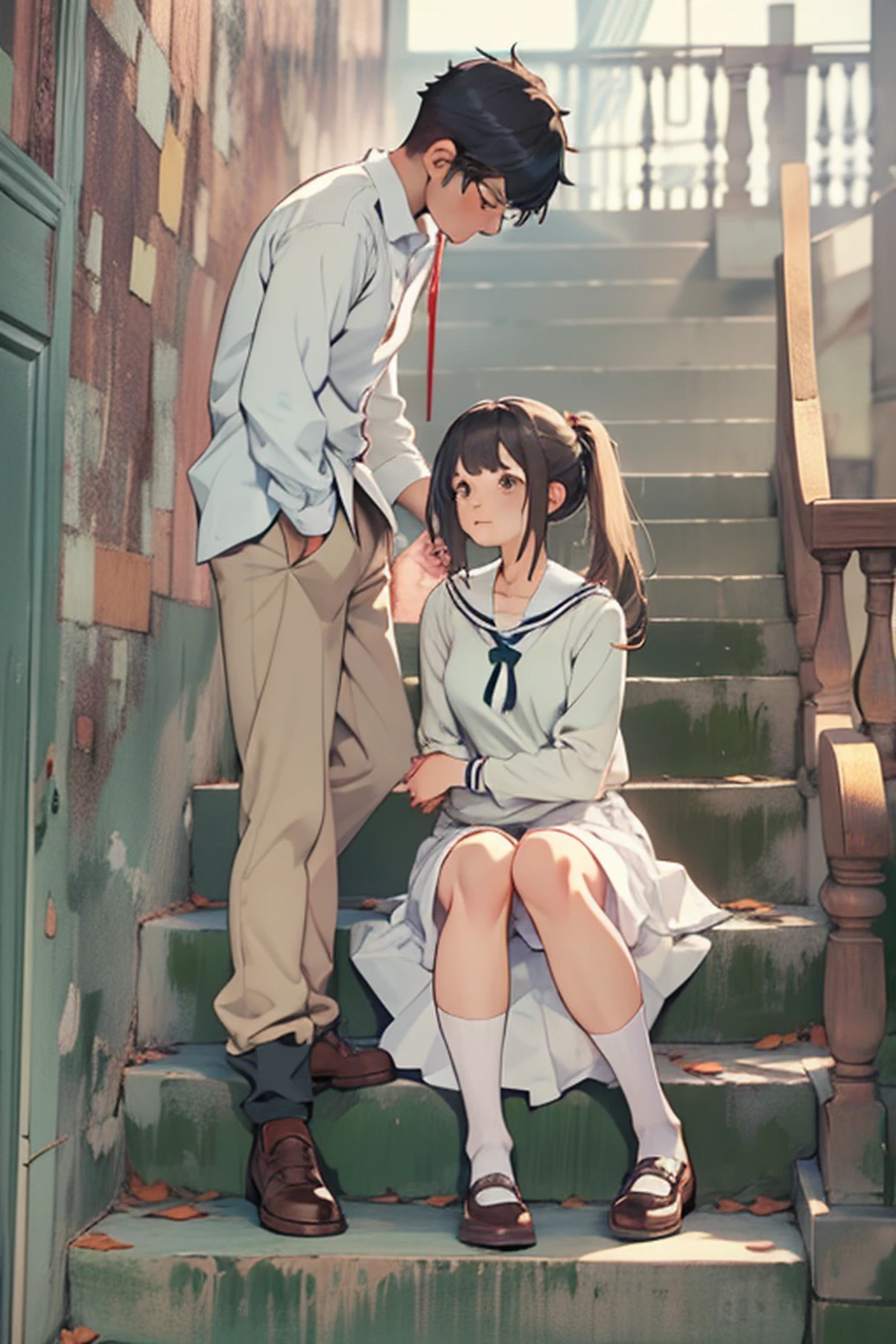 {{Male and female couples}}、Stairs in the house、sitting on stairs、Girl in white blouse and tight skirt、Man's cold gaze、Boys' 、Put your hands around your waist
