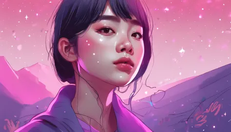 Half of a Korean girl, Features realistic stroke styles and pastel colors using a purple and blue palette, With cosmos as a background and stars.