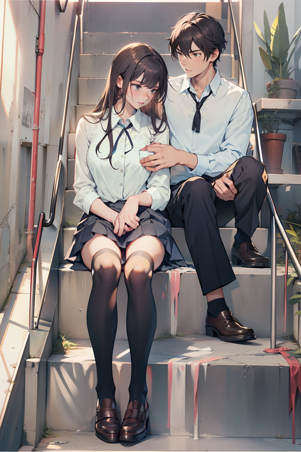 {{Male and female couples}}、Stairs in the house、sitting on stairs、Girl in white blouse and tight skirt、Man's cold gaze、Boys' School Uniform、Put your hands around your waist