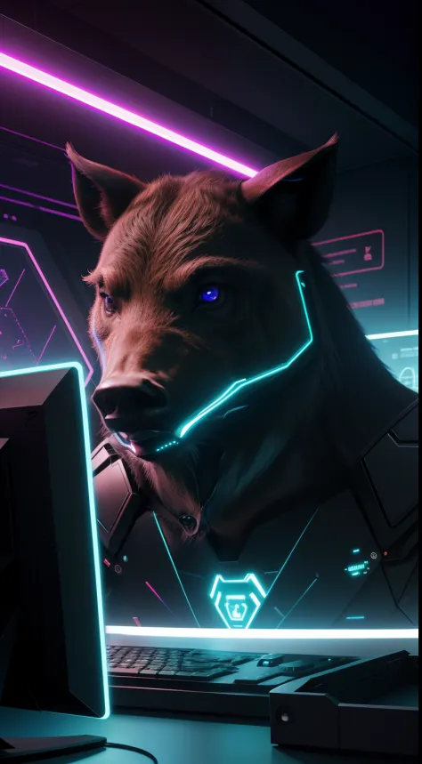hacker, wild boar face, matrix, computer, stare at the computer, neon light, Animal Anthropomorphism, realistic digital, humanoid, abstract background, global illumination, intricate, epic, dramatic, masterpiece, high detail, best quality, ultra high res