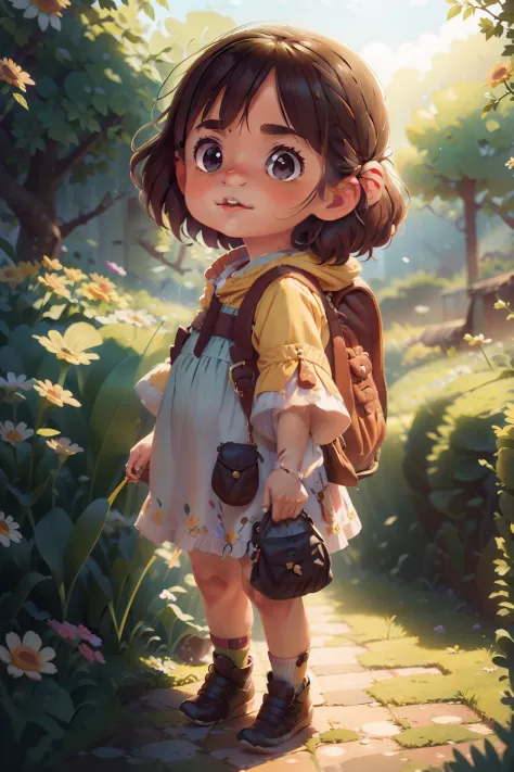 A very charming little girl with a backpack and her cute little dog enjoying a cute spring excursion surrounded by beautiful yel...