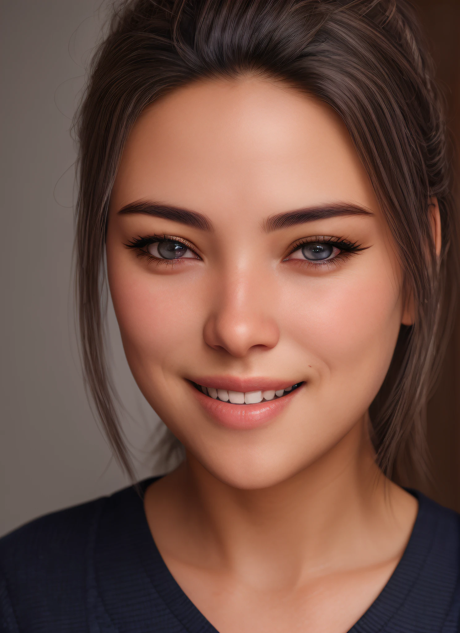 RAW Photo, DSLR, professional color graded, BREAK photograph of dik-josy woman, happy smile, mouth open, (brown skin:1.2), blue eyes, brownish grey hair, wearing uniform, sharp focus, HDR, 8K resolution, intricate detail, sophisticated detail, depth of field, analogue RAW DSLR, photorealistic, looking at viewer,