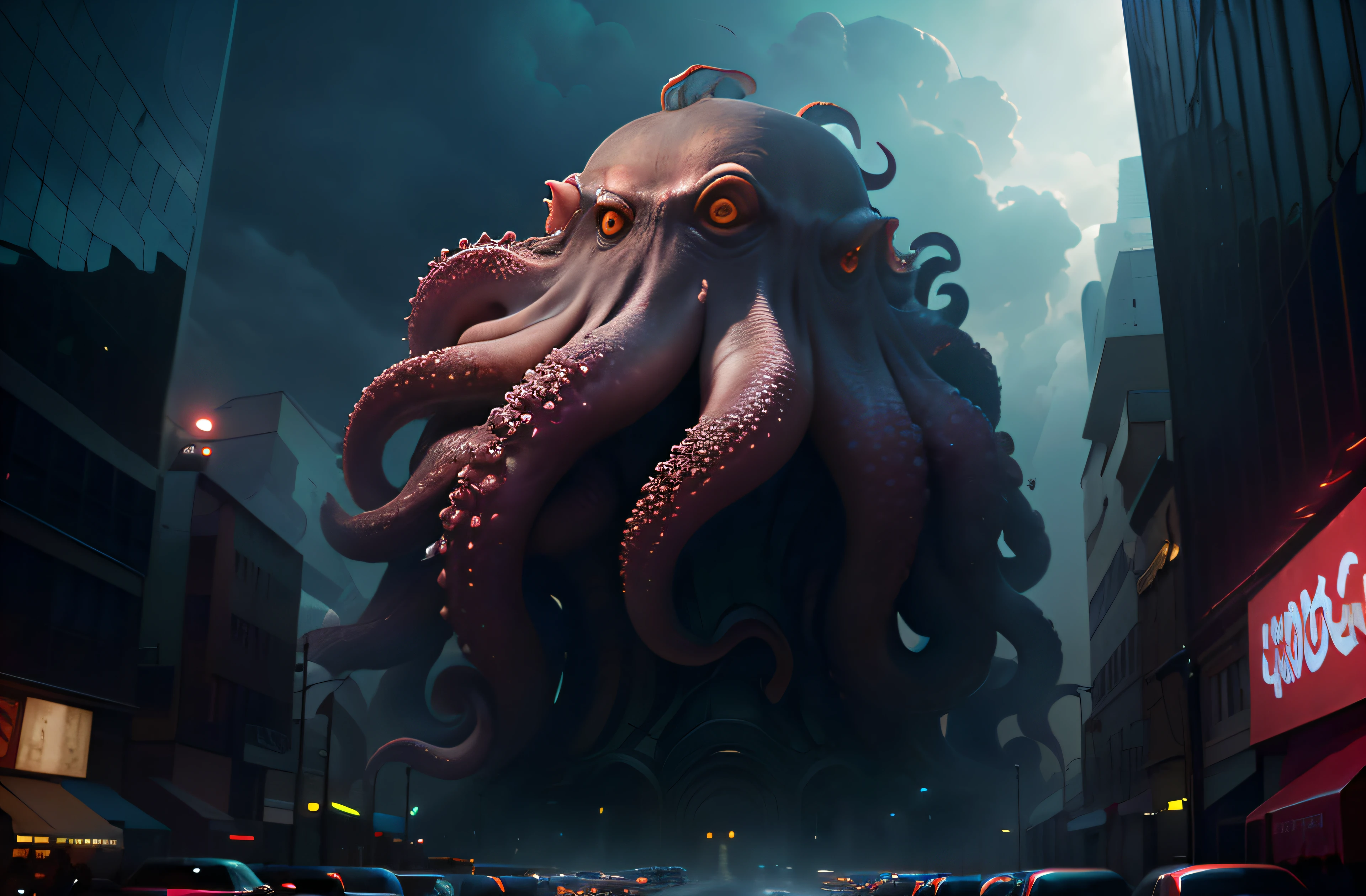 Giant octopus monsters roam the city，A building entangled in tentacles，Runaway humans，disaster，The sense of smallness of human beings，Look up，Cinema lenses，SENSE OF CINEMA，Premium lighting，tmasterpiece，right structure，Epic，Cinematic tones，of a real