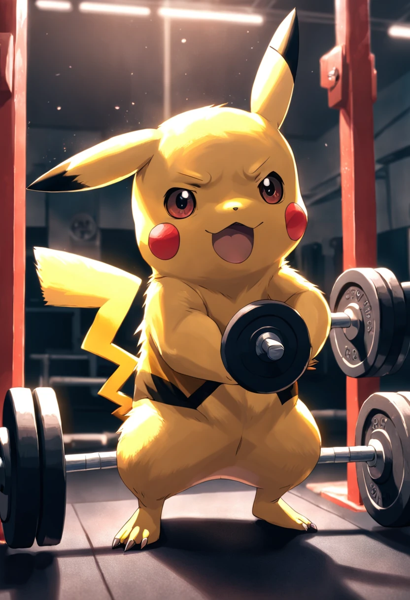 Un pikachu de dibujos animados está levantando un tonto en un gimnasio -  SeaArt AI