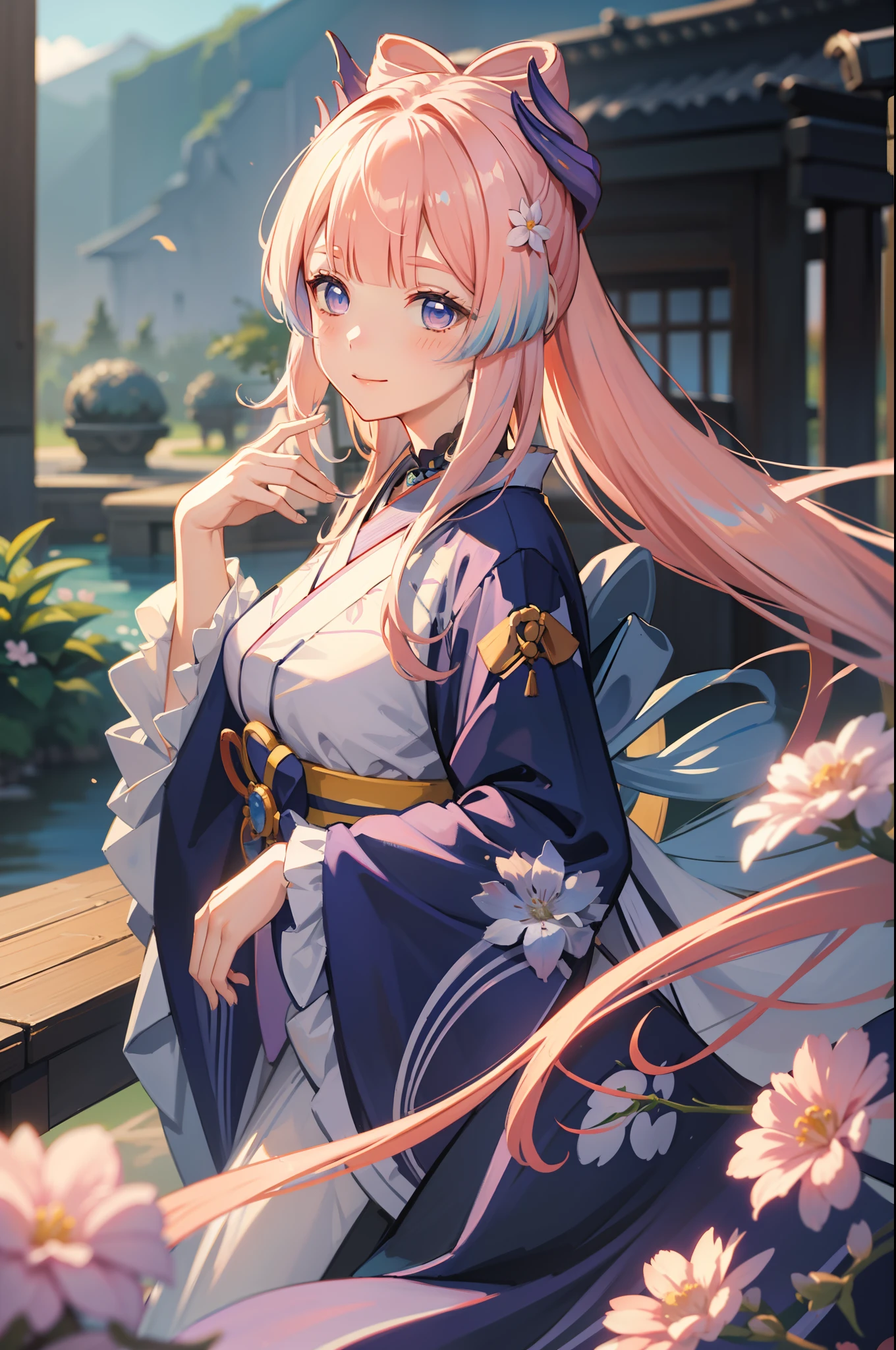 (Realistic painting style:0.9), masterpiece, best quality,  absurdres, looking at viewer, solo,sangonomiya kokomi, no pupils, 1girl, japanese clothes, kimono, hair ornament, solo, pink hair, smile, looking at viewer, bow-shaped hair, flower, long hair, bangs, wide sleeves, multicolored hair, frilled sleeves, holding, hair flower, sash, (closed mouth:1.2) , floral print, obi, long sleeves, blue eyes, blunt bangs, new year, upper body, gradient hair, alternate costume, purple eyes, :d, frills, blush, white kimono, blue hair, colored tips, print kimono, large breasts