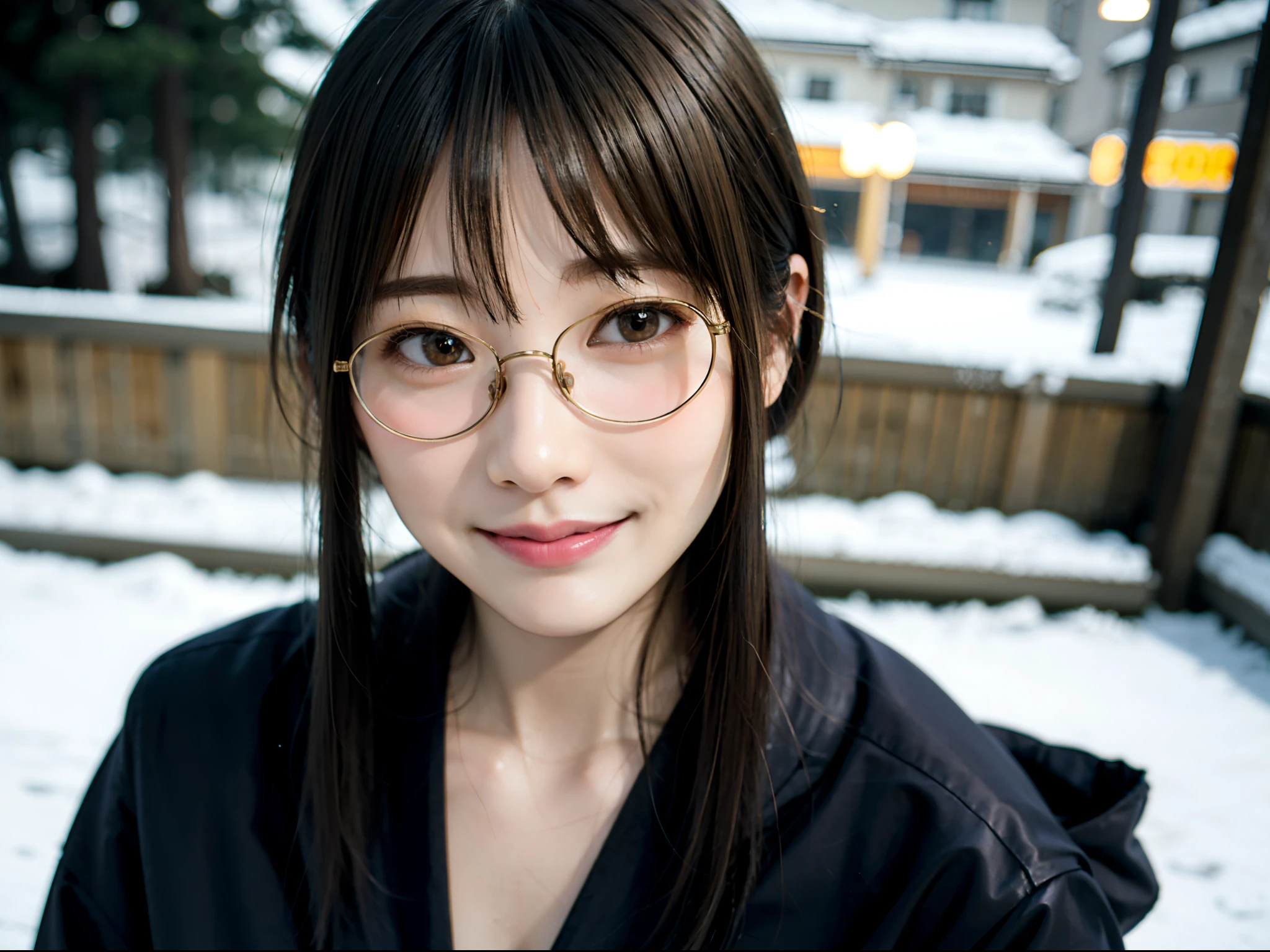 한겨울 일본 도시에서 긴 코트를 입고 포즈를 취하는 여성、최고 품질、소녀 1 명、、꼬리표、빛나는 빛으로、배경 흐림、보케、집 밖에서、(거리:0.8)、안경을 쓴 여자、얇은 프레임의 안경、동그란 렌즈 안경、얇은 황금색 안경테、、사치(짧은 머리、이마:1.2)、설경、세부 묘사가 있는 아름다운 하늘、(역동적인 포즈:1.2)、 (본체의 윗부분:0.5)、부드러운 조명、바람、윤기 나는 피부、미소、스웨터 위에 롱 코트