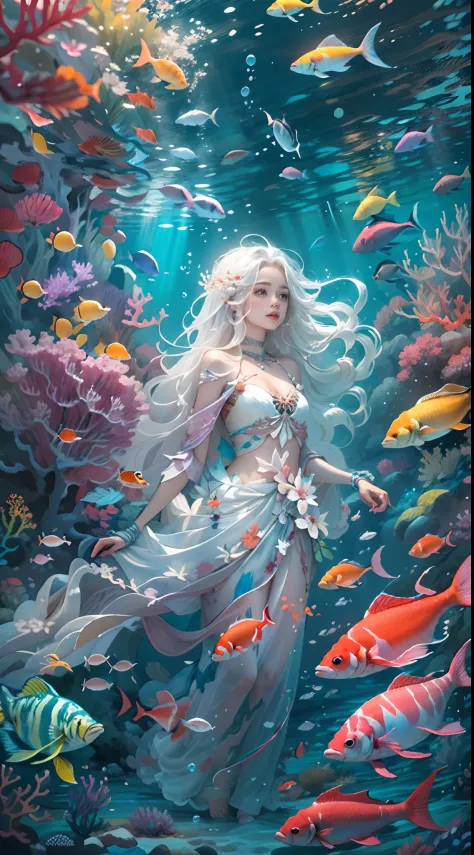 Conceptual art of marine life, Undersea landscape, Marine life，Beautiful coral reefs come in different shapes, 3D，, Fish, Female animated fantasy illustration. Long white hair scattered in the sea, Drift, Very harmonious. The whole painting adopts a messy and imaginative painting style. The colors are bright and saturated, And with smooth lines. The mystery and beauty of the ocean, The painting depicts an underwater world full of life and vitality, Animated art wallpaper 8 K
