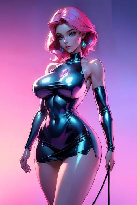(((catss)))，A woman of outstanding figure，Wear a nice miniskirt，Leaking out of both shoulders，jewely，。.。.。.3D,high definition detail，Amazing work，Vitreous luster,((clean backdrop))，High gloss，blue colors，In pink，cyan colors，red colour