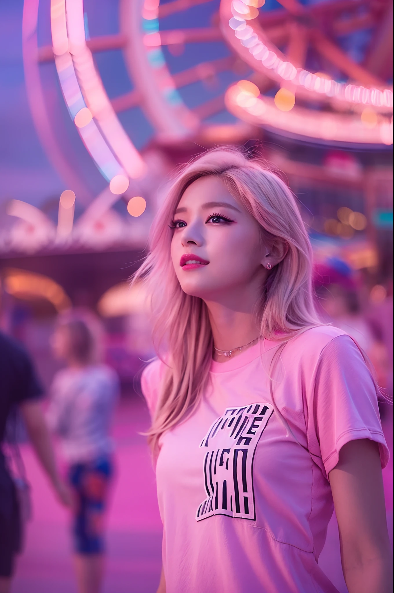 1girl in, Super beautiful girl, Dream Girl, Wearing pink, ulzzangs, Dancing, Concert in amusement park in the background, Lightning in the sky, Ultra Details, A hyper-realistic, Cinematic , Octane Render, 16 K，a blond