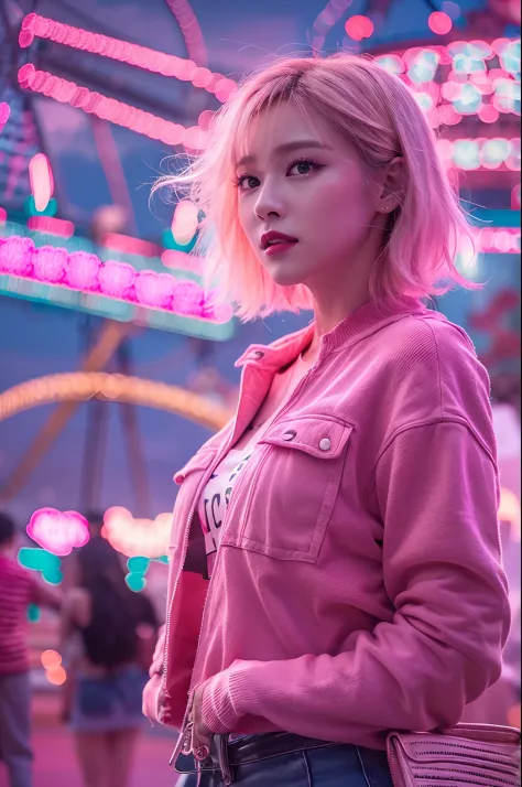 1girl in, super beautiful girl, dream girl, wearing pink, ulzzangs, dancing, concert in amusement park in the background, lightn...