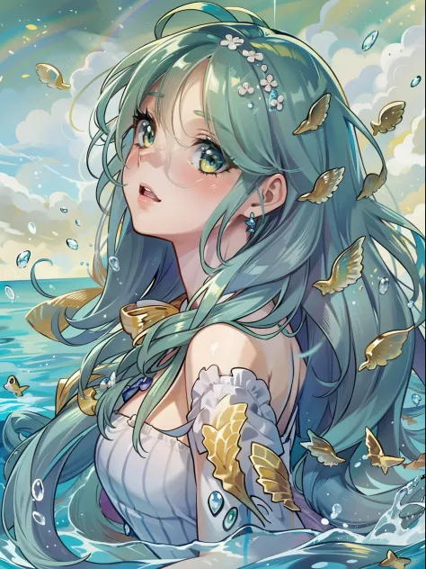 1 girl, (top-quality), (high_quality), a mermaid in the ocean, rainbow-colored tail scales.