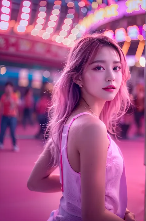 1girl in, Super beautiful girl, Dream Girl, Wearing pink, ulzzangs, Dancing, Concert in amusement park in the background, Lightn...