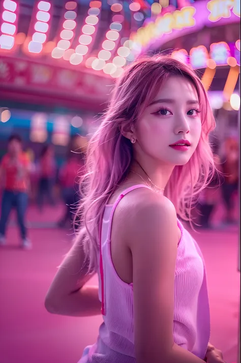 1girl in, super beautiful girl, dream girl, wearing pink, ulzzangs, dancing, concert in amusement park in the background, lightn...