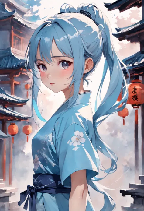 Girl watercolor art by ghy, charming anime characters, in the style of light silver and sky blue, chinese brushwork, traditional oil painting techniques, digital illustration, the girl is wearing a double ponytail, rich Background --niji 5 --ar 4:7 --relax