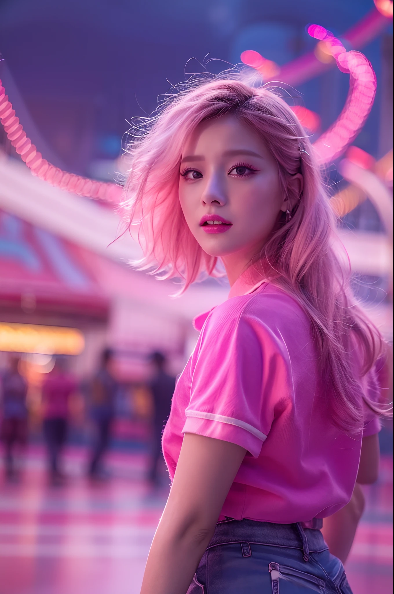 1girl in, Super beautiful girl, Dream Girl, Wearing pink, ulzzangs, Dancing, Concert in amusement park in the background, Lightning in the sky, Ultra Details, A hyper-realistic, Cinematic , Octane Render, 16 K