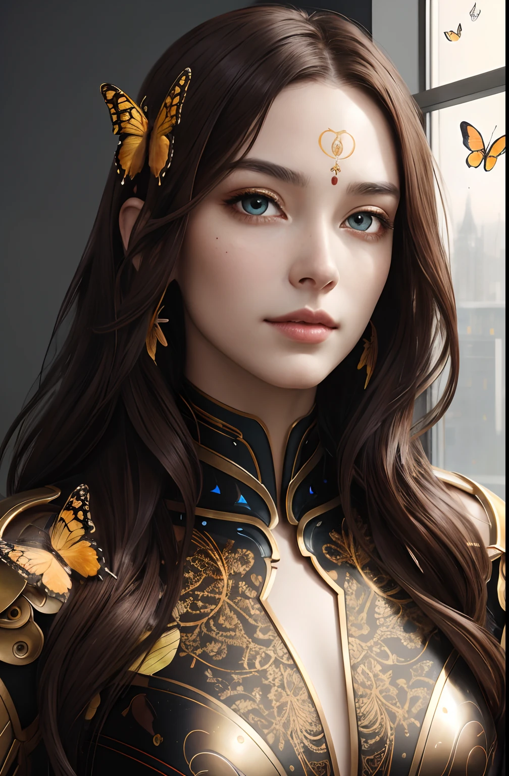 8k portrait of beautiful cyborg with brown hair, intricate, elegant, highly detailed, majestic, digital photography, art by artgerm and ruan jia and greg rutkowski surreal painting gold butterfly filigree, broken glass, (masterpiece, sidelighting, finely detailed beautiful eyes: 1.2), hdr, (detailed background window to a new dimension, plants and flowers:0.7) infinity, infinite symbol,