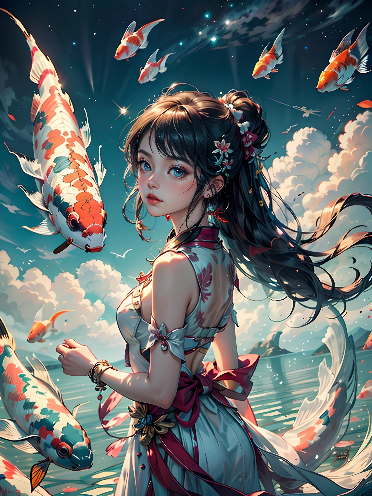 "Shuttle through the illustrations of the fantasy field，An innocent and brave girl meets a flock of colorful koi。She wears gorgeous costumes，Girl with koi soaring among emerald green clouds，Chase dreamy clouds。Koi jumps and frolics around her，The scales on the tail make a brilliant arc in the air，It plays magical melodies like beating notes。The girl's eyes were full of joy and curiosity，She held a magic bead shining with starlight in her hand，It exudes mysterious powers。In this illustration，You can unleash the wings of your imagination，Explore endless wonders and adventures。Let the girls and koi in the picture take you into the world of dreams，Swim in the fantasy of endless possibilities。”