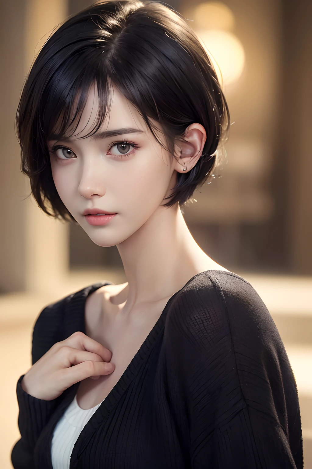 (masterpiece:1.3), (8k, photorealistic, RAW photo, best quality: 1.4), (1girl), beautiful face, (realistic face), (black hair, short hair:1.3), beautiful hairstyle, realistic eyes, beautiful detailed eyes, (realistic skin), beautiful skin, (sweater), absurdres, attractive, ultra high res, ultra realistic, highly detailed, golden ratio