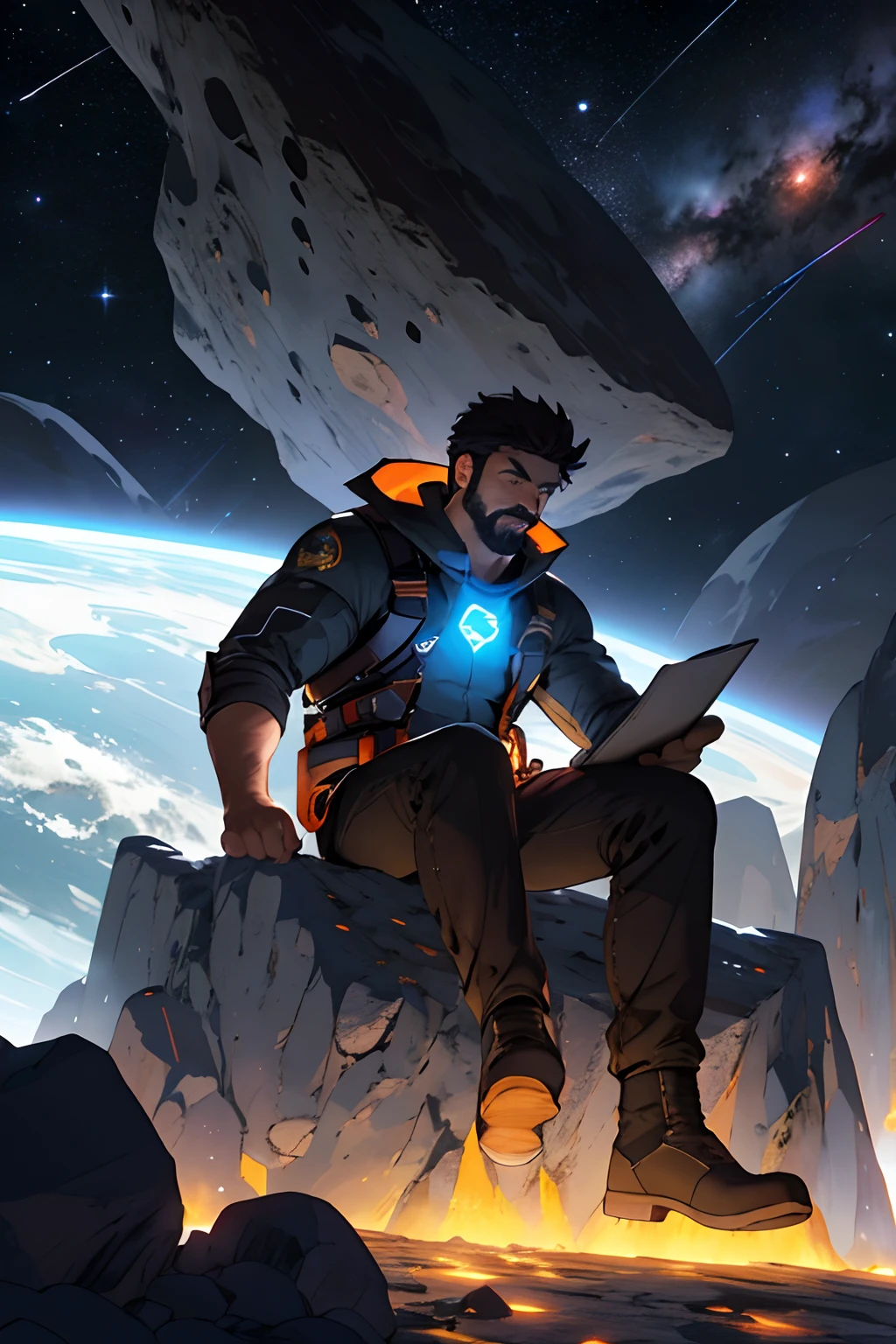 Draw a young programmer, sitting on a research platform floating in the middle of an asteroid belt. He is studying with a notebook, surrounded by several asteroids glowing with fiery auras. Dramatic lighting from distant stars and planets illuminates the scene, casting deep shadows on the suit. The young man looks confident and determined, looking at the vast and mysterious universe with wonder and respect,facial hair, cowboy shot,