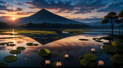 Pujihei Scenic Area，the setting sun，evening light，Large area of sunset sky，The cloud is transparent，A pond full of lotus flowers...