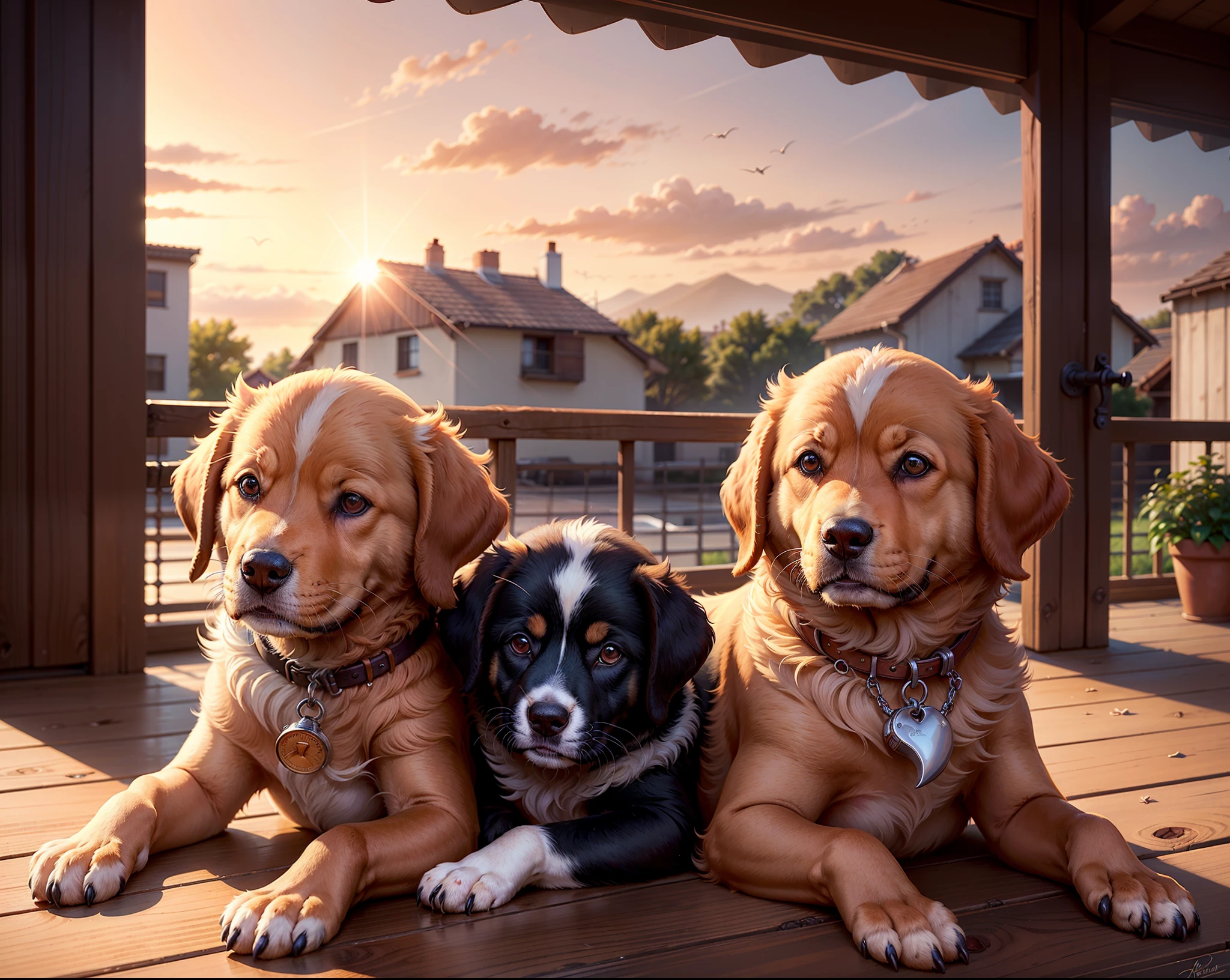 Dois cachorrinhos espalhados no parapeito da janela, cachorrinho amoroso, um cachorro deitado na cabeça do outro cachorro, Vista do pôr do sol, Filhote fofo, lindo dog, cena cheia de calor e amor, ilustração de animal fofo, pintura digital, vivid image, Intoxicante, perfeito realism, CG requintado, super bem, mais alta qualidade, Obra de arte, Luz natural, Hiper-Realismo, Textura clara cinematográfica, lindo, perfeito, alta definição, Resolução 8k, detalhes incríveis