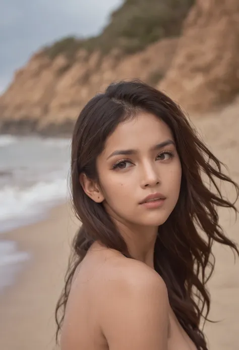 A woman in a tan dress standing on a beach near the ocean - SeaArt AI